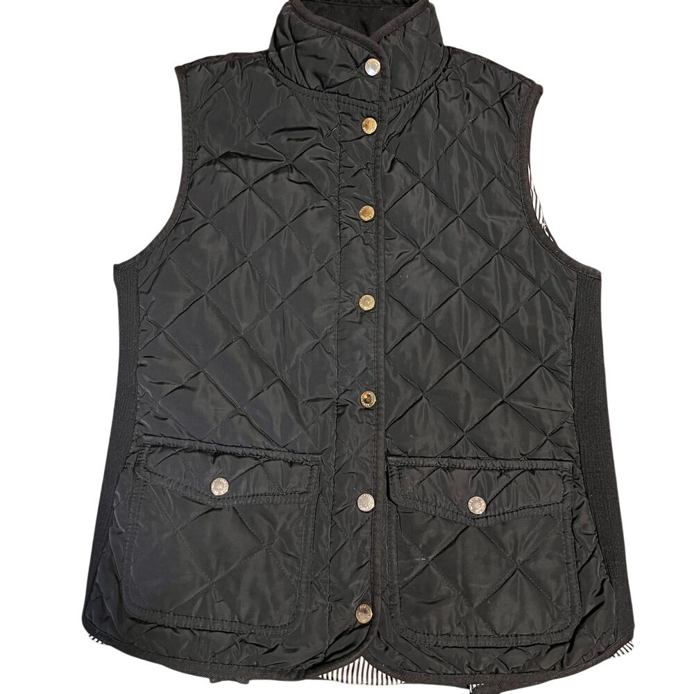 Adrienne Vittadini Quilted Vest Womens Small Black Gold Snap Puffer Equestrian S